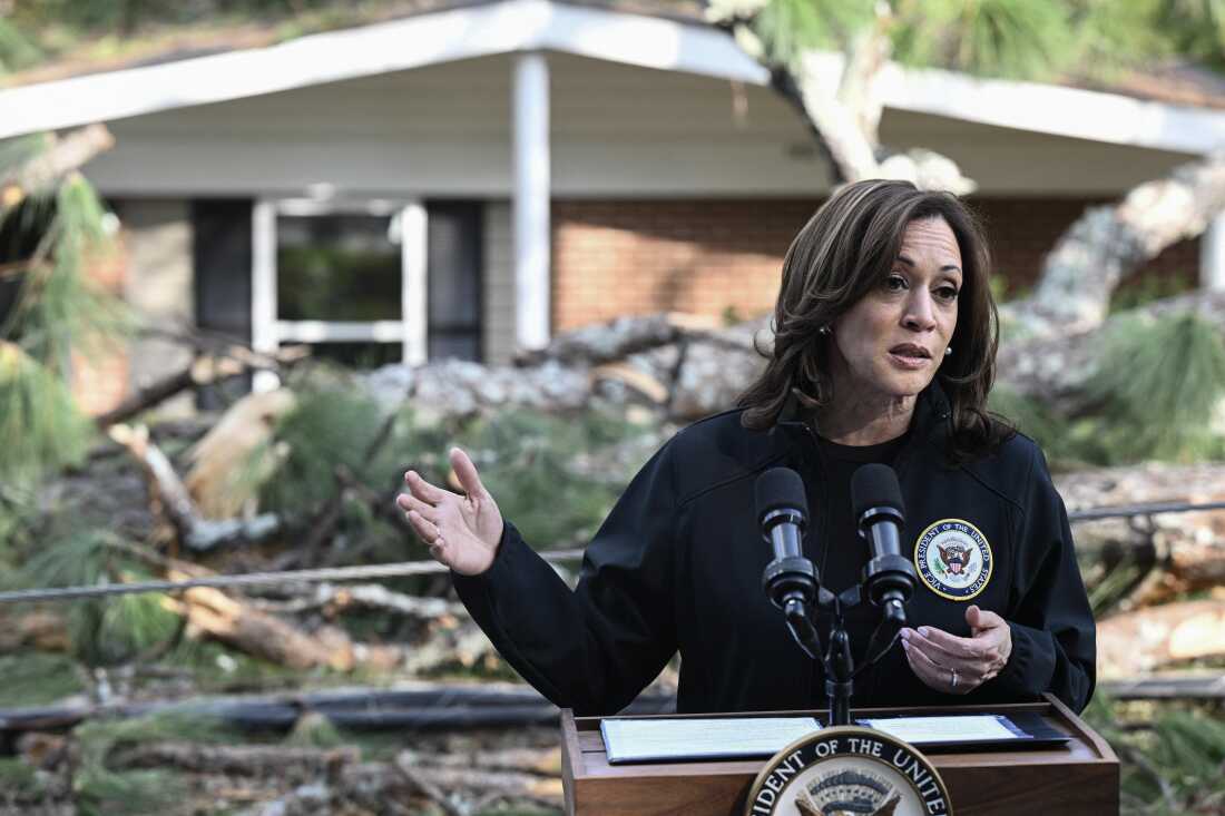 Vice President Harris speaks of the damage caused by Hurricane Helene in Augusta, Ga., Oct. 2, 2024.